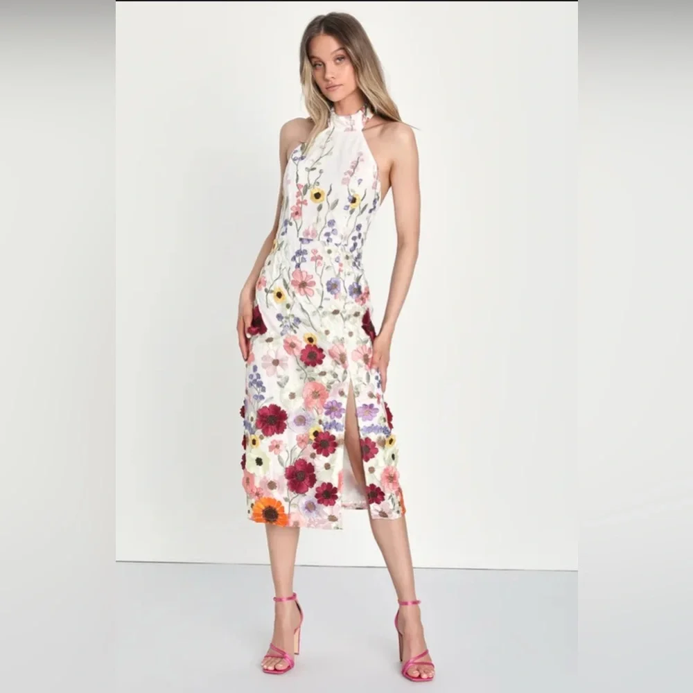 Lulu's Unique Impression Ivory 3D Floral Embroidered Halter Midi Dress - Picture 2 of 11